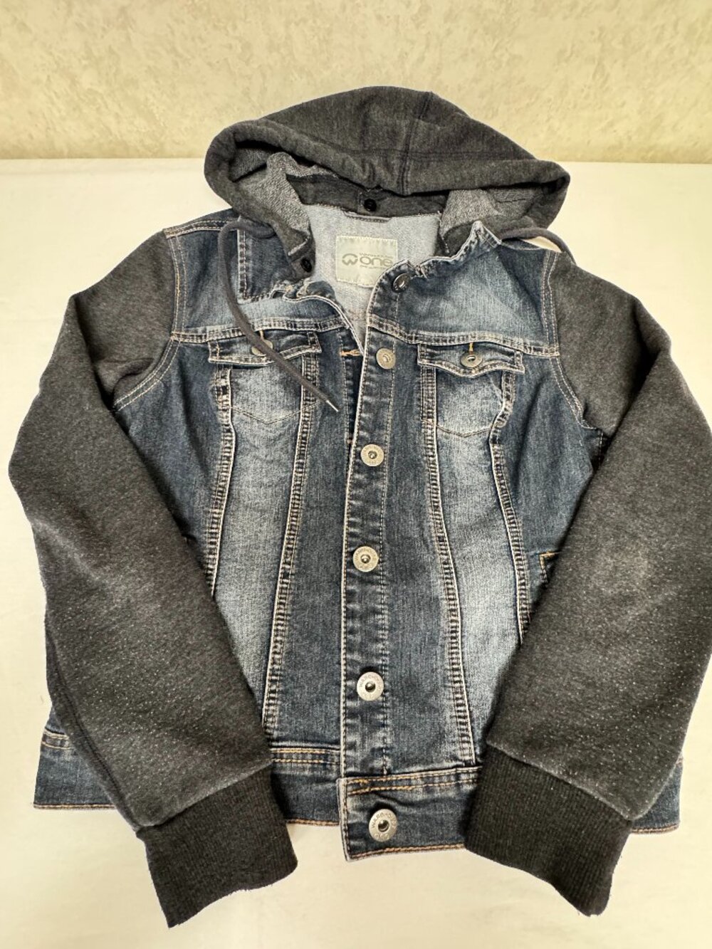 Warehouse One XS Hooded Denim Jacket Blue Jean Jacket Gray Hoodie Sleeves